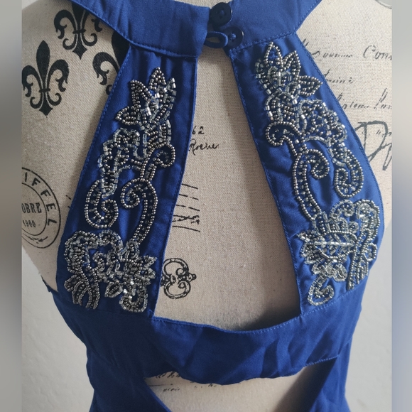 Navy blue bead embroidered cutout keyhole wedding guest semi-formal dress (S) - Picture 6 of 8